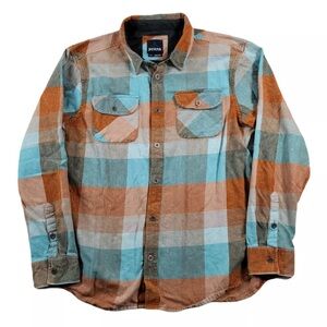 Prana Shirt Adult Medium Aqua Tan Light Flannel Button Up Organic Pockets